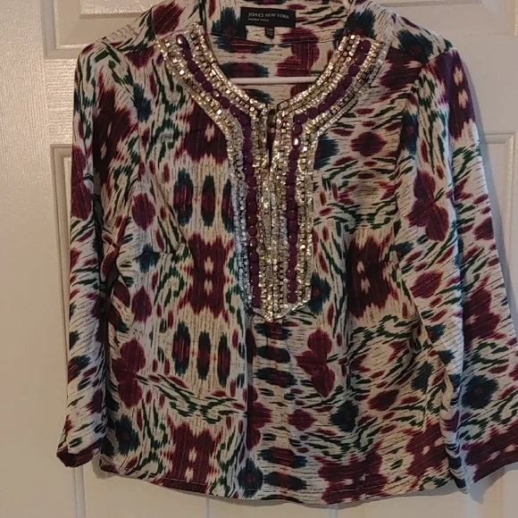 Jones New York Embellished Neck Blouse Small Petite Satin Purple Beaded Sequins - Picture 2 of 7